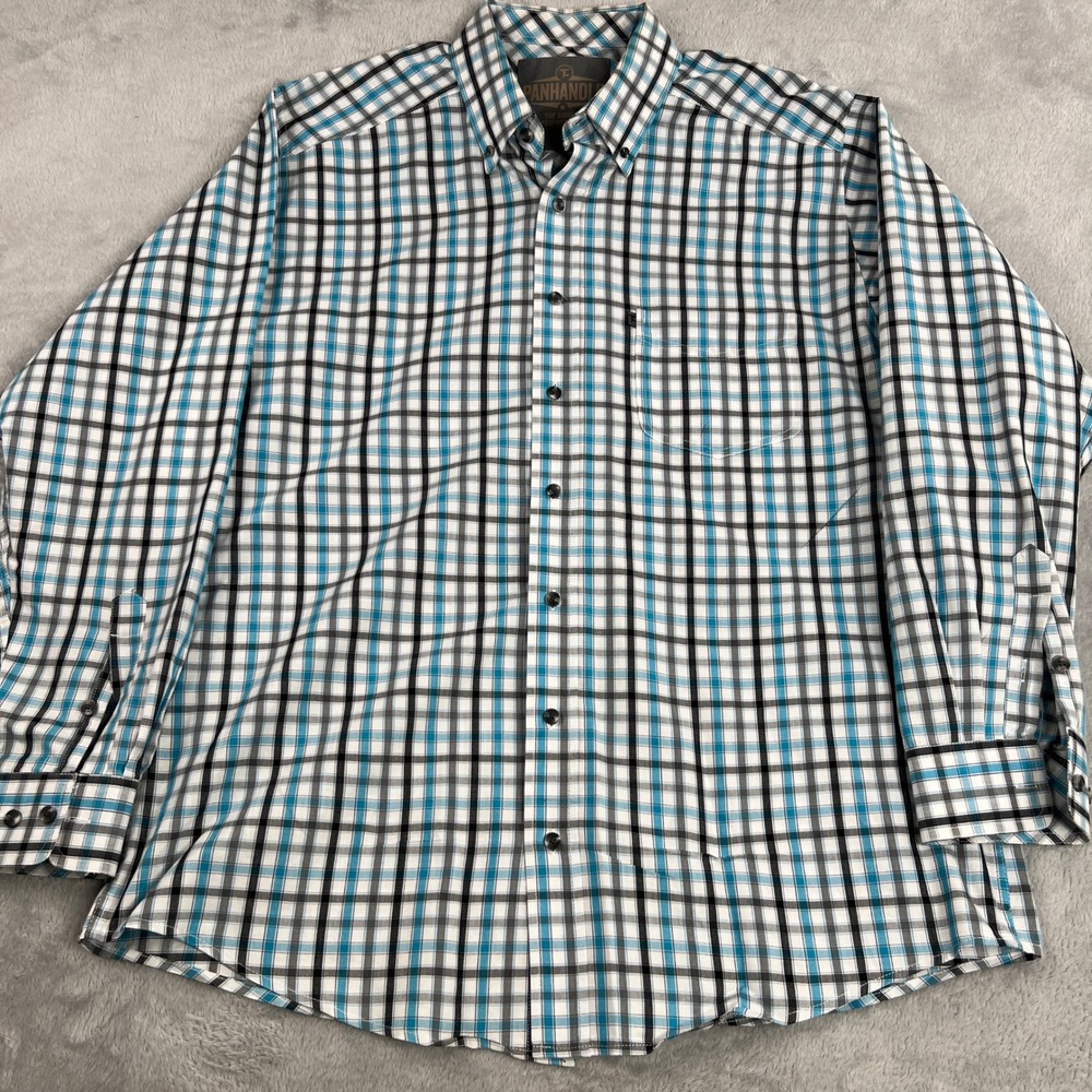 Panhandle Tuf Cooper Plaid Performance Button Down L Blue Western Cowboy Shirt